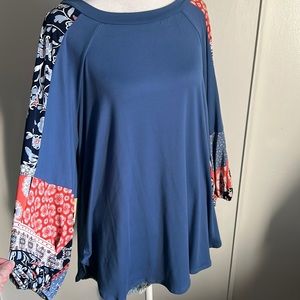 New Boho Balloon Sleeve Color Block Patchwork Jersey Knit Top Long Sleeve Blouse